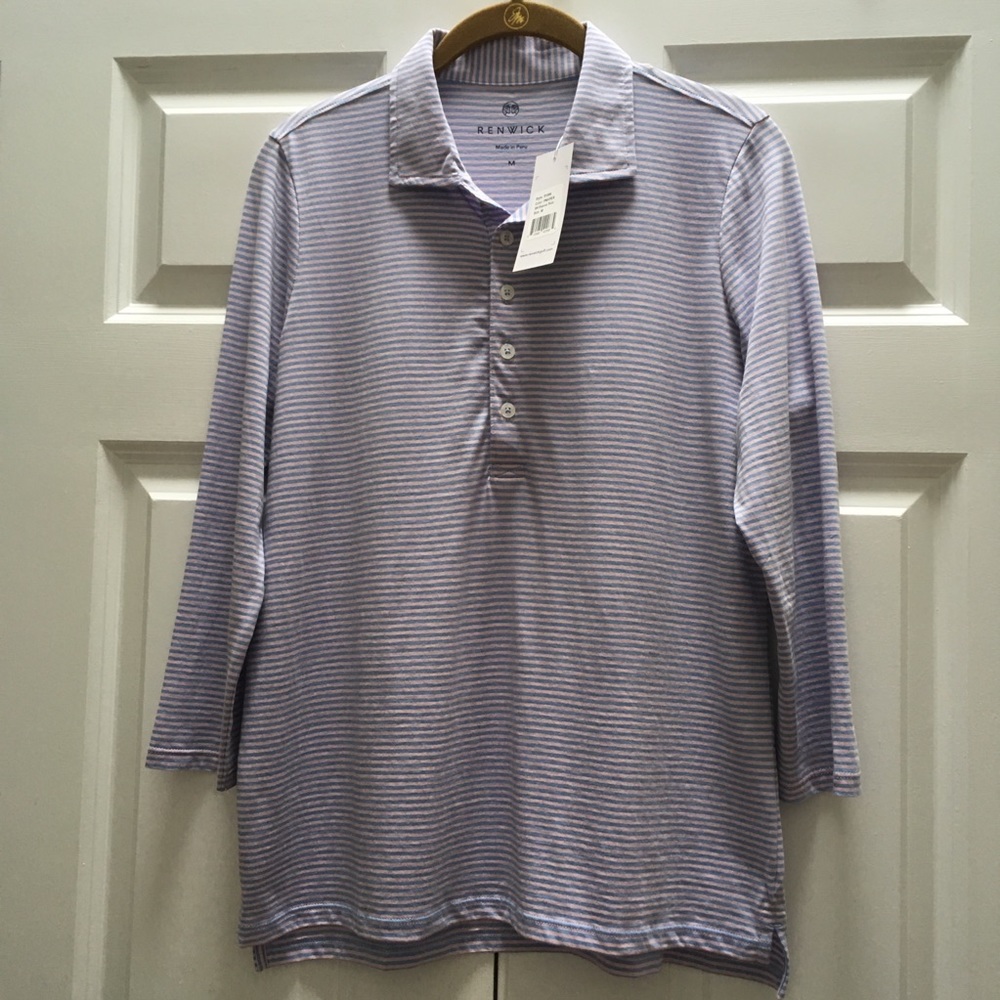 NWT Renwick Golf 3/4 Sleeve Polo Shirt Striped Pink Blue Pima Cotton Top Medium